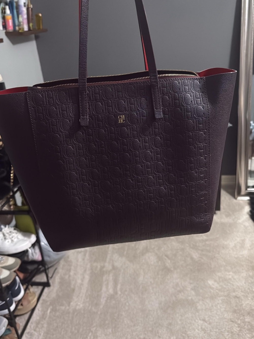 Carolina Herrera Embossed Tote in Deep Wine with Red Trim